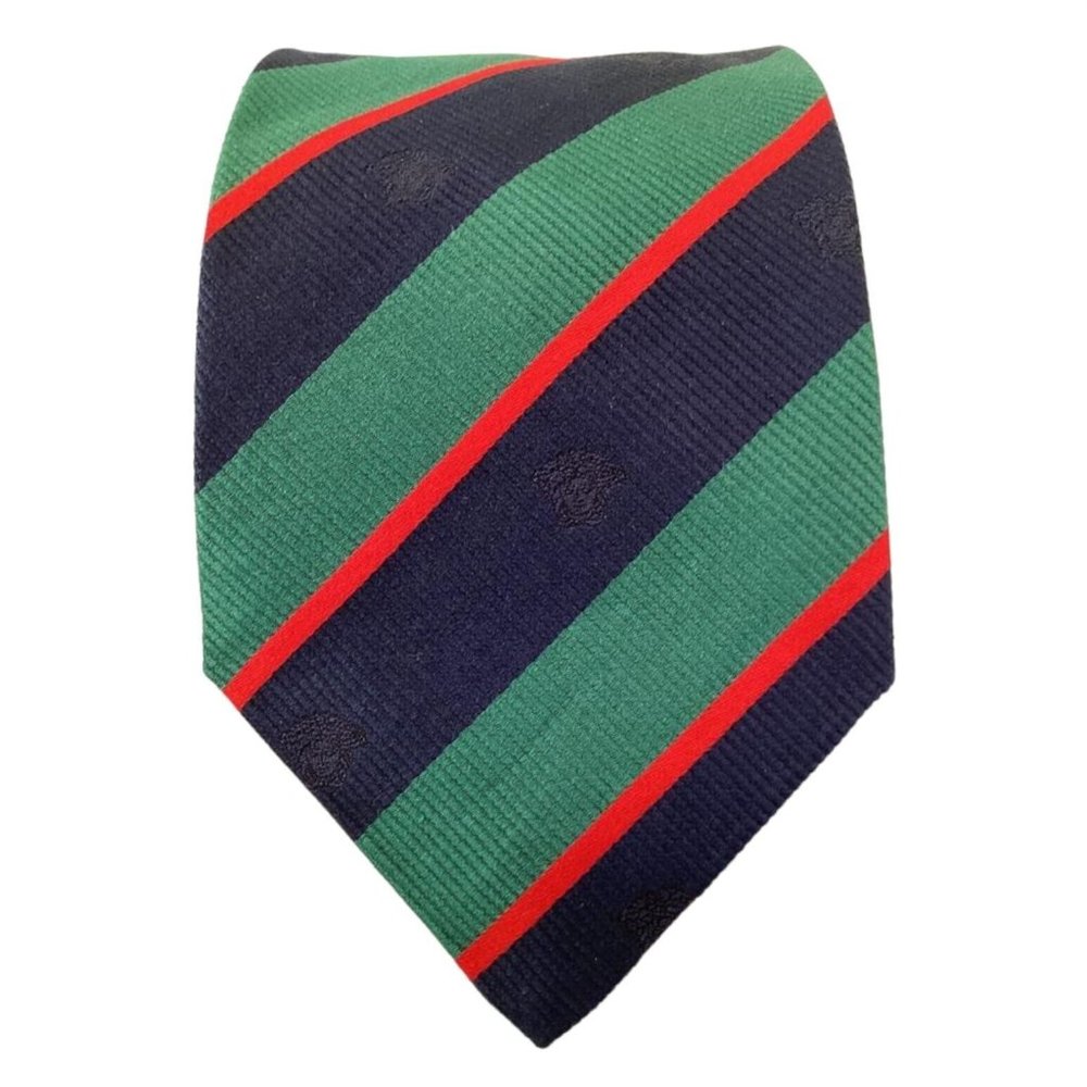 GIANNI VERSACE Green Striped Monogrammed Medusa Silk Tie Italy 56-"3".3/4 NWT
